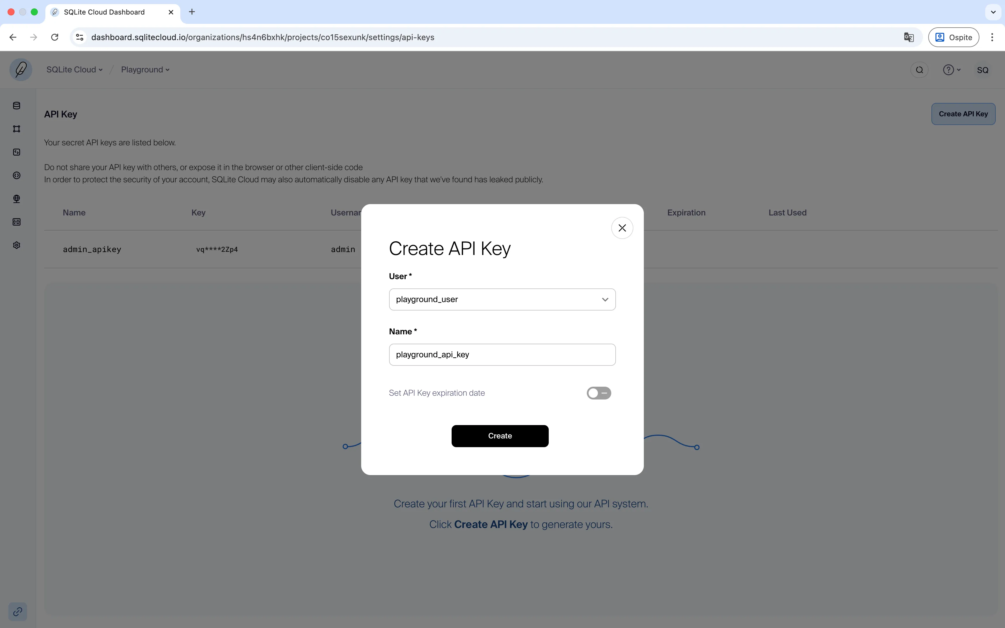Dashboard Create APIKEY