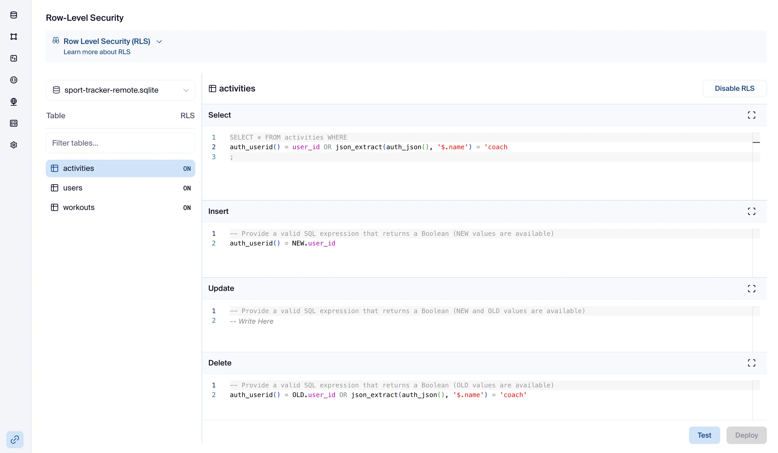 Dashboard RLS Settings Page